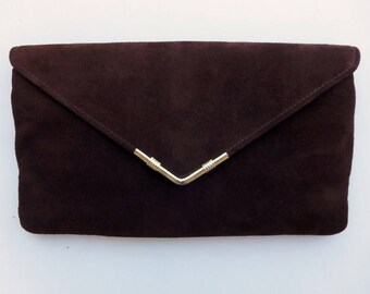 Vintage 70's Clutch Shoulder Bag Convertible Dark Brown Suede