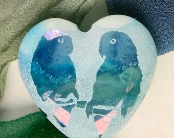 Lampwork Focal Bead SRA "Lovebirds" Handmade Iridescent Watercolour Lustre Sandblasted Glass Heart Bead ~ Sea Tones