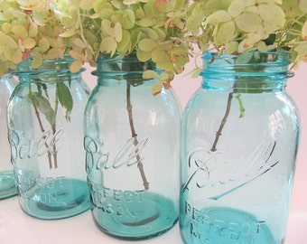 Blue Mason 6 Jars, Ball Perfect Mason, Canning Jar,Quart Size Antique Fruit Jar, Wedding Decor Centerpiece, Quart Jars