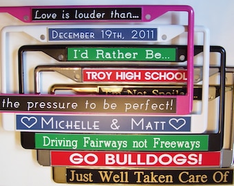 NEW COLORS. Custom Personalized Metal Professionally Engraved Auto License Plate Frame Cover