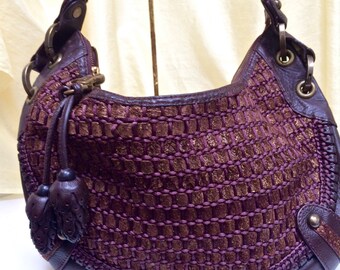 Vintage Isabella Fiore Quality Woven Leather and Fiber Bag with Leather Accent ~ Leather Pine Cones