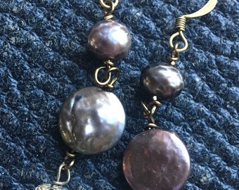 Vintage assemblage Fresh water Pearls Wire Wrapped Dangle earring Rhinestone bead OOAK Upcycled Jewelry