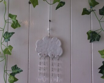 Hanging Rain Cloud Mobile with Falling Raindrops, Crystal Rain Drops, Handcrafted, Ceramic