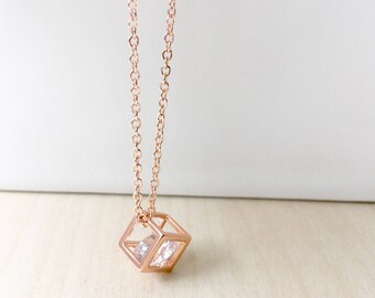 Rose Gold 3D square cube Necklace