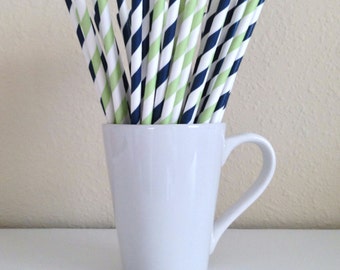 Navy and Green Paper Straws Navy Blue and Light Green Striped Party Supplies Party Decor Bar Cart Cake Pop Sticks Graduation
