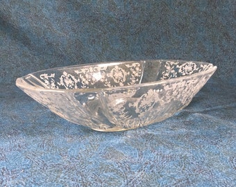 Vintage Fostoria Navarre Oval Flame Etched Bowl, Mid Century Glass Console Bowl