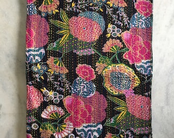 Indian Kantha Bedding Throws Black Quilt Queen Tropicana Handmade Cotton Hand Stitched Gudri Bed Cover Blanket Kantha Bedspread Quilt