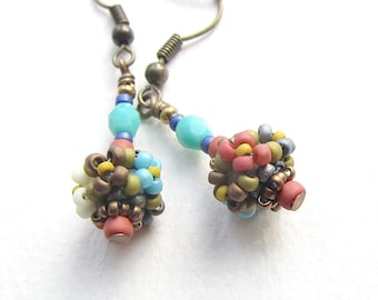 Floral Pattern Handstitched Beaded Bead Earrings, Antiqued Brass Earwires