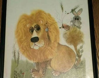 Vintage George Buckett Lion and Mouse Print Framed 1963