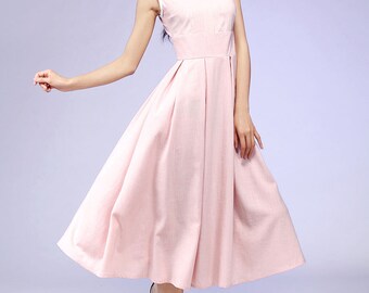 Midi dress, pink dress, vintage dress, linen dress, party dress, womens dresses, sleeveless dress, summer dress, custom dress (581)