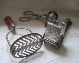 3 Vintage Kitchen Tools, Mouli Grater, Melon Baller, Red Handled Potato Masher