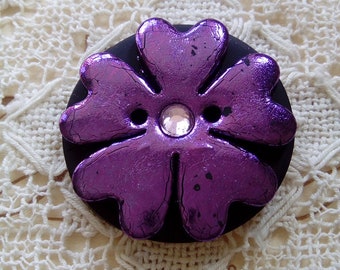 Purple polymer clay button, round button, handmade buttons, flower button, unique button, focal button, sewing, knitting, card making