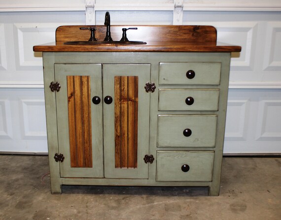 Rustic Farmhouse Vanity - Copper Sink - 42" - Sage Green - Bathroom Vanity - Bathroom Vanity with Sink - Rustic Vanity - Farmhouse Vanity