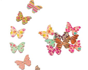5 wooden shape 28 x 21 mm multicolored various patterned Butterfly buttons