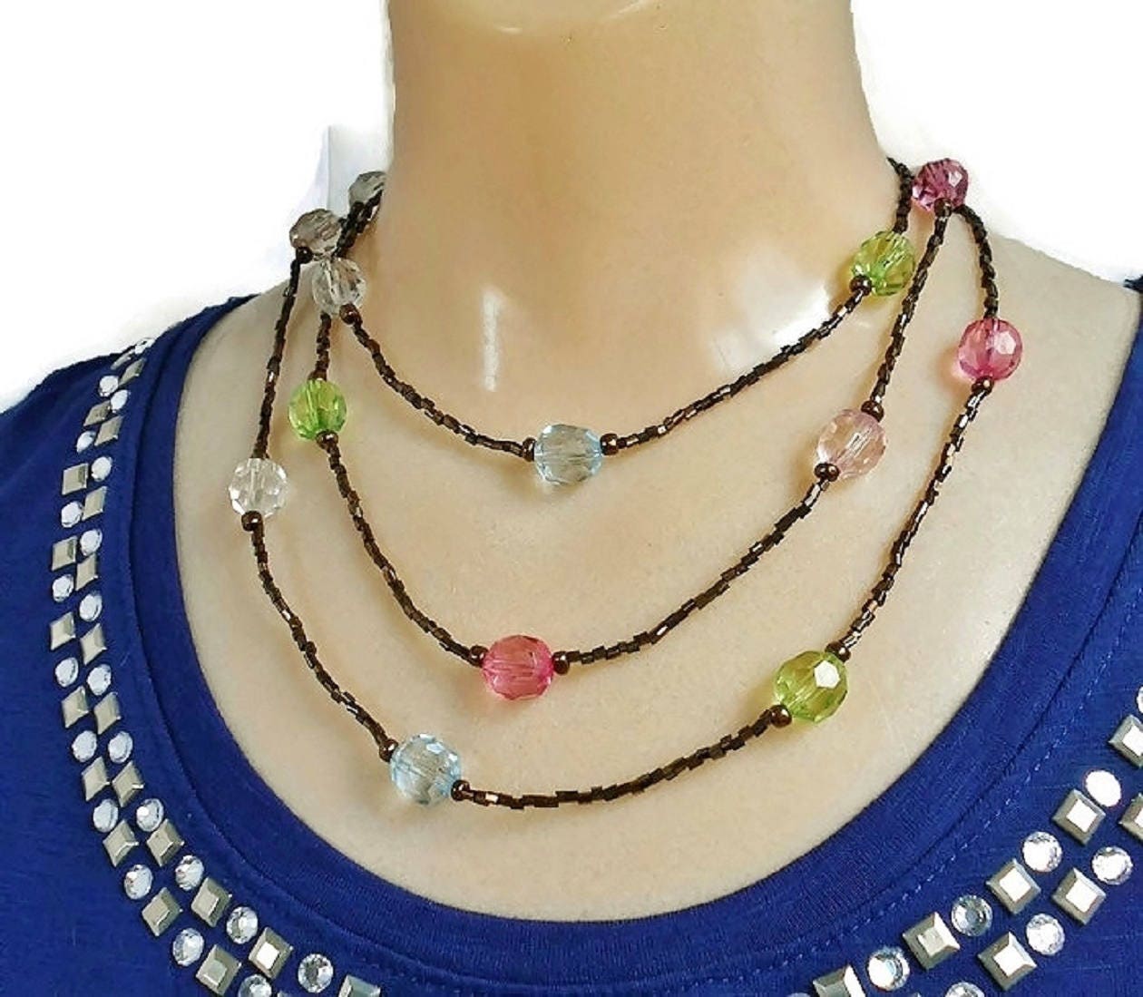 Download Multi Color Bead Necklace Very Long Metallic Bronze Color Pink