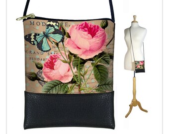 Small Cross Body Purse, Mini Crossbody Bag, Cottage Chic Shoulder Bag, Shabby Rose Floral, Blue Butterfly, Paris Post Card, Victorian, RTS