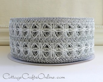 Wired Ribbon, 2 1/2" Silver Metallic Lace Net - THREE YARDS - Offray "Omnify" Christmas, Pewter Grey Mesh Craft Wire Edged Ribbon