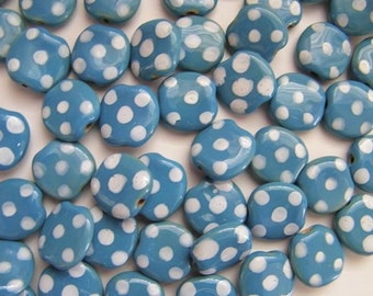 Kazuri "Pebbles" Beads - Twelve (12) - Blue White Dotted