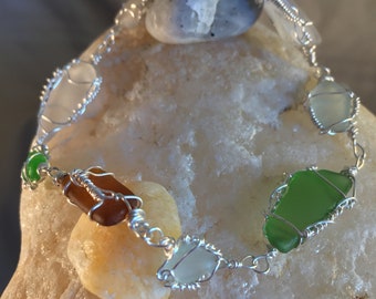 Authentic N.H. Sea Glass handcrafted 8 inch silver filled wire wrapped bracelet.
