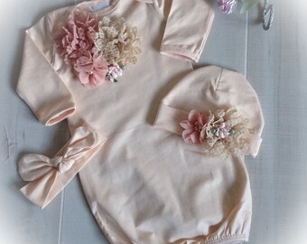 Baby Girl Coming Home Outfit, Newborn Girl Gown, Peach Layette Gown Cap with Chiffon Flowers
