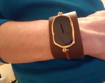 Wide Brown Leather Cuff Bracelet with Natural Stone