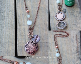 Antique Copper DIFFUSER necklace - long antiqued copper design with stones and bird worked into the chain, with breathe pendant