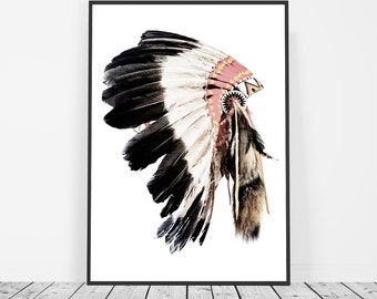 Boho Wall Art, Indian Headdress Print, Boho Decor, Tribal Art, Bohemian Decor, Native American Headdress Art, American Indian Art Print
