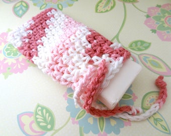 Crochet Pink and White Saver Bag/Pouch, Soap Sack with Drawstrings - 100% Cotton - Ready to Ship