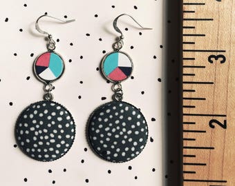 Seeing Stars, Fabric Button Earrings, Geometric, Drop Dangles, All over dots, Color Wheel, Minimal, Modern, Fashion Earrings