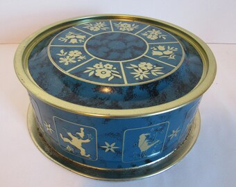 Vintage Round Metal Blue And Gold Tin Fruit Cake Candy Cookie Tin Storage Decor