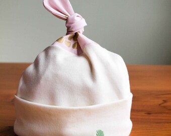 Pink Baby Hat, POEM; Pink and Gold Modern Floral Organic Newborn Baby Cap, Knotty Hat for a Girl, Feminine Baby Beanie, Baby Shower Gift