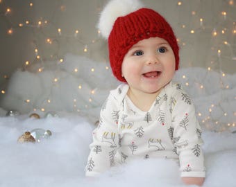 Knit Baby Hat/Baby Beanie/Christmas Baby Hat/Red Knit Baby Beanie/Baby White Pompom Hat/Newborn Holiday Hat/Chunky Knit Baby Hat