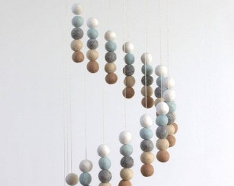 Spiral Felt Ball Mobile- Neutral Nursery- Ice Blue, Tan, Almond, Gray, White- Nursery Childrens Room Pom Pom Mobile Garland Decor