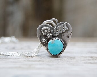 Soldered Small Sterling Silver Heart Rustic Necklace. Kingman Turquoise . Rustic . Relics . Stamped