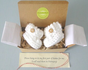 Grandparent Pregnancy Announcement, Baby Reveal, BOOTIES IN A BOX® Cuffed Booties with Optional Wood Buttons, Newborn Booties in White