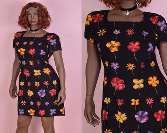 90s Floral Print Dress/ US 12/ 1990s/ Short Sleeve
