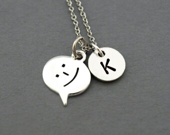 Smiling Emoticon necklace, Smiley, Smiling face, happy face, initial necklace, initial hand stamped, personalized, antique silver, monogram