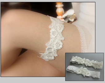 Ivory Lace Wedding Garter SET, Ivory Bridal Garter Set, Wedding Garters, Toss Garter, Simple Lace Garter, Vintage Wedding - "Charleigh"