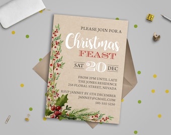 Printable Christmas Invitation, Rustic Christmas Invitation, Editable Invitation, Christmas Invitation, Christmas Party, INSTANT DOWNLOAD