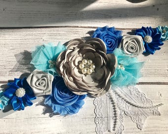Blue, Gray and Turquoise Maternity Blue Baby Boy Pregnancy Sash Gender Reveal Party Gift Photo Prop Gift Baby Shower