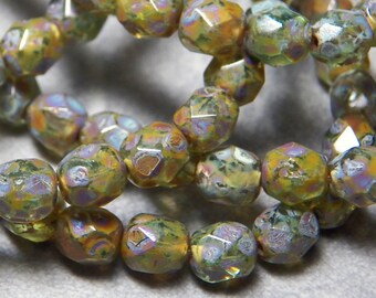 Czech Green Picasso Faceted Round Glass Beads 6mm (25) 145B