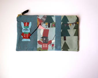 Zipper Pouch, 9.25 x5.5" in teal, green, marron and brown marching band print fabric, Handmade Felt Rabbit Embellishment, Bunny Pencil Case