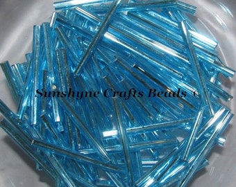 30MM Preciosa Czech Glass Seed Beads SILVERLINED LIGHT AQUAMARINE Bugle 100 Pcs - 47-B332
