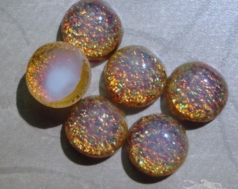 Vintage Glass Cabochons 13mm Round Faux Fire Opal Harlequin Glass Cabs (choose 2 pc or 4 pc)
