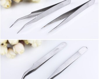 2 Curved Straight Tweezers Kit for Nail Art & Craft Stainless steel Handmade and Nails Tools