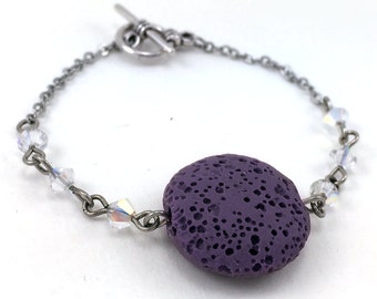 Purple Lava Bracelet, Essential Oil Bracelet, Lava Stone Jewelry, Diffuser Pendant, Aromatherapy Jewelry, Coin Pendant, Swarovski Crystals