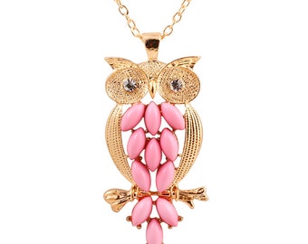 Vintage Pink Owl Pendant Necklace with Rhinestones