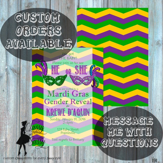 Gender Reveal Party, Mardi Gras Gender Reveal Invitation, Mardi Gras Invitation, Mardi Gras Baby Reveal 191