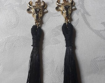 Head of Bull and Taurus horsehair tassel earrings