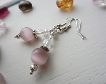 Pink Cats Eye & Crystal Drop Earrings Handmade